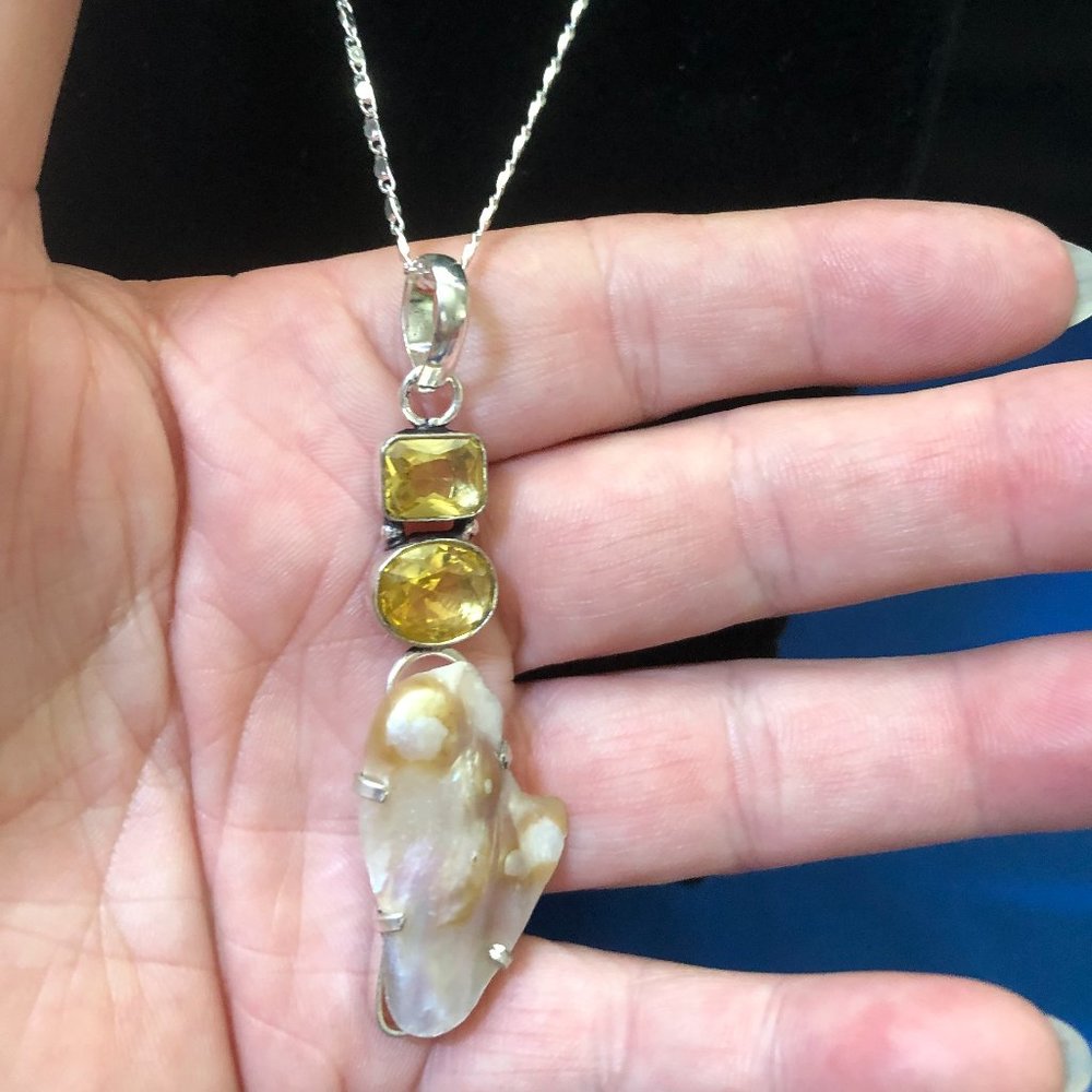 Natural Biwa Pearl Real Citrine Gemstone  925 Stamped Sterling Silver Necklace.